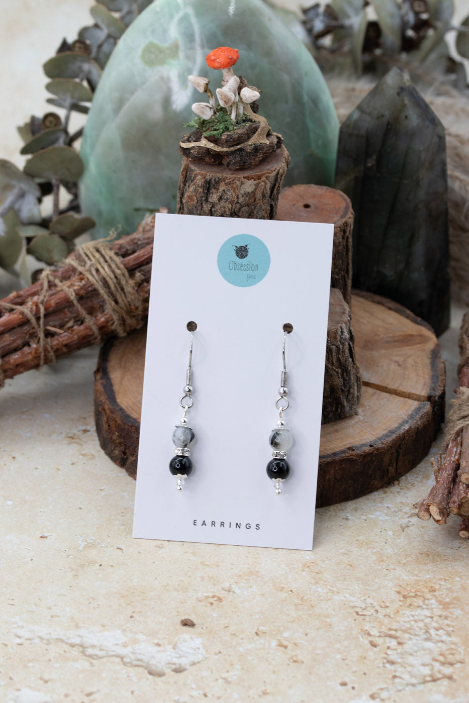 Moonstone/Onyx "Yarnball" Gemstone Earrings