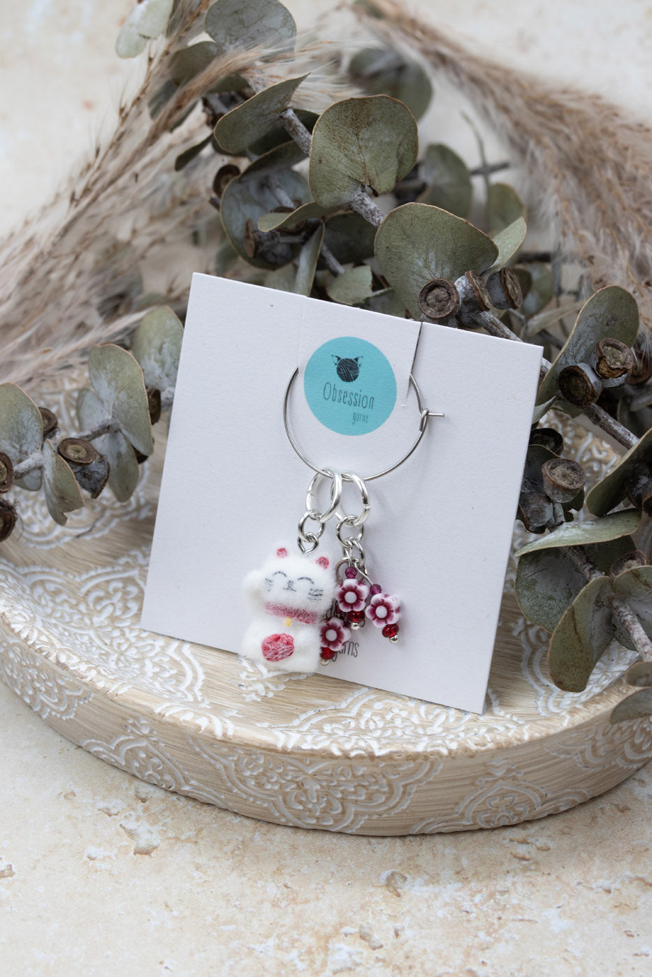 Lucky Kitty with Spring Blooms Stitch Marker Set