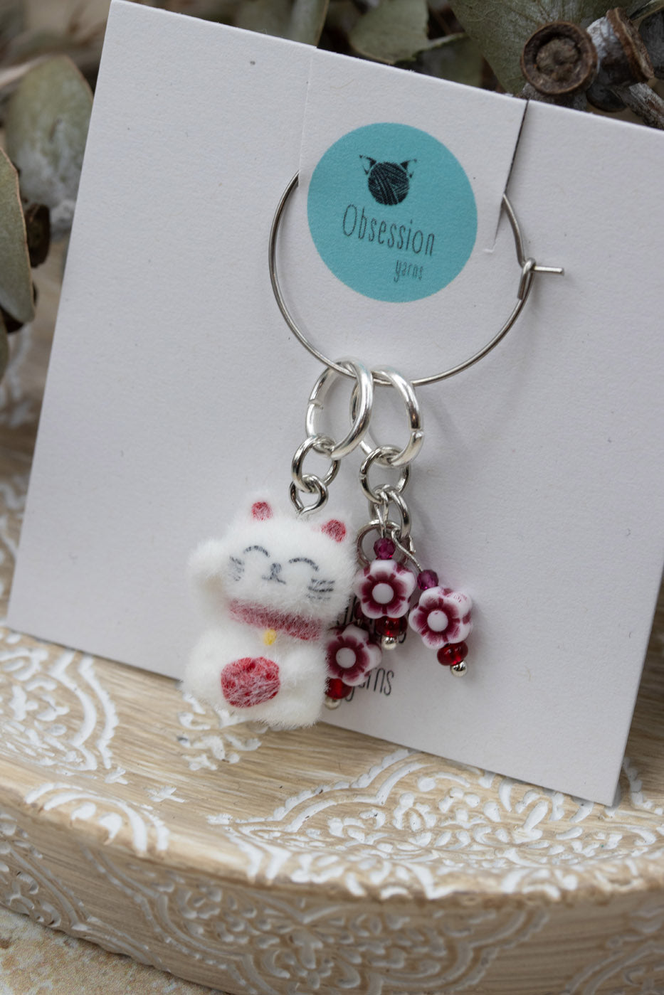 Lucky Kitty with Spring Blooms Stitch Marker Set