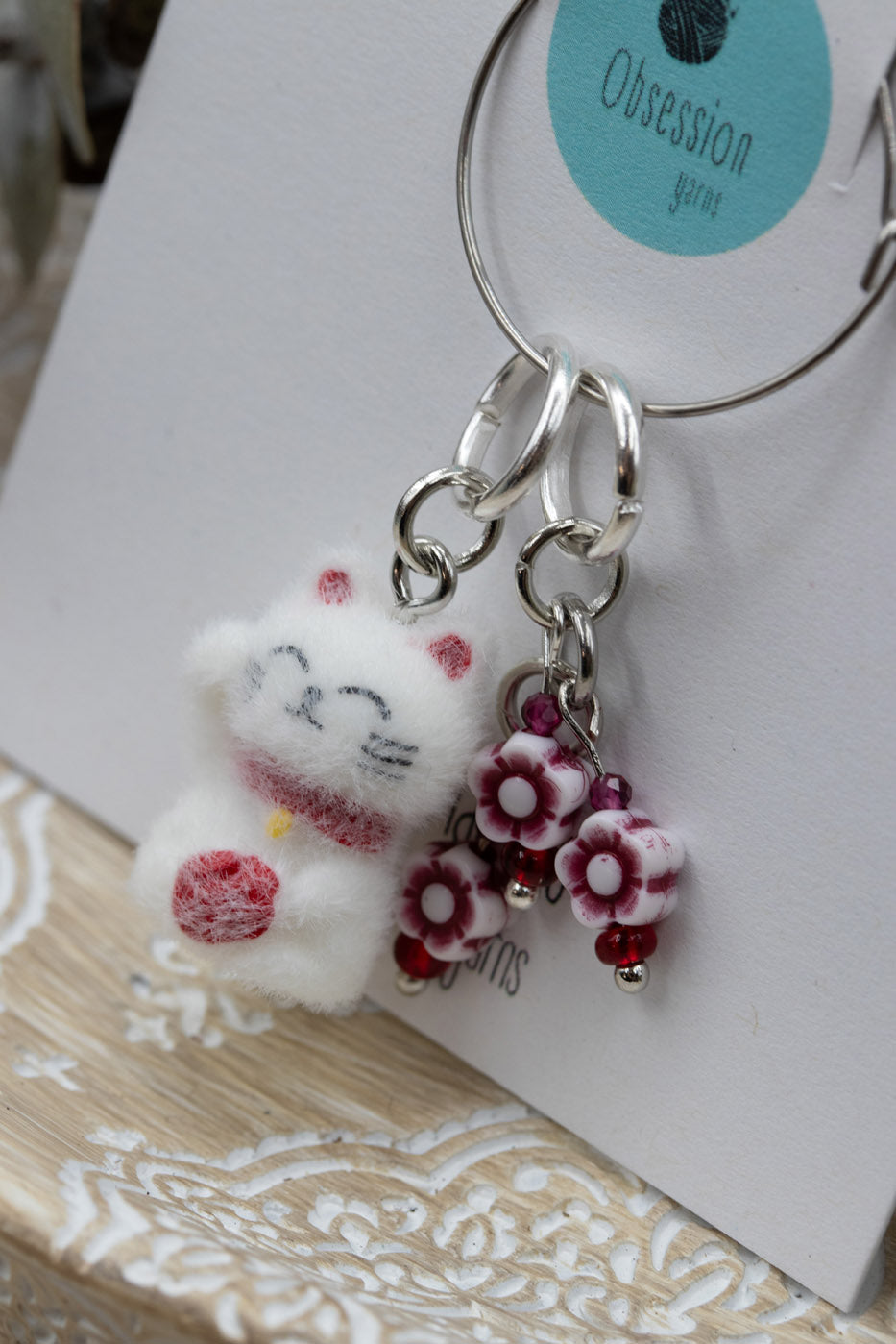 Lucky Kitty with Spring Blooms Stitch Marker Set