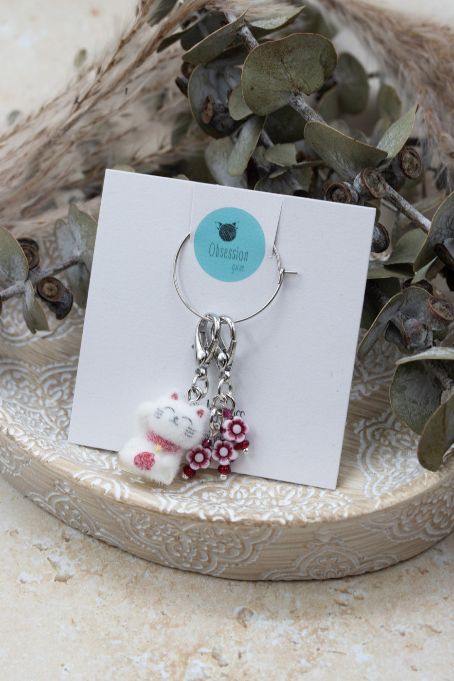 Lucky Kitty with Spring Blooms Stitch Marker Set